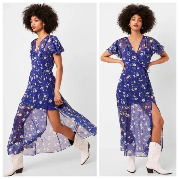 French Connection Jasmine Chiffon Faux Wrap Maxi Dress in Clement Blue Multi